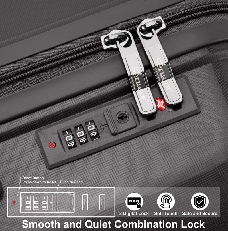 SENATOR Unisex Hard Case Carry On Luggage Lightweight PP Fashion Trolley Luggage with 4 Double Spinner Wheel and 3-Digit Combination Lock KH1009, Black - Image 5